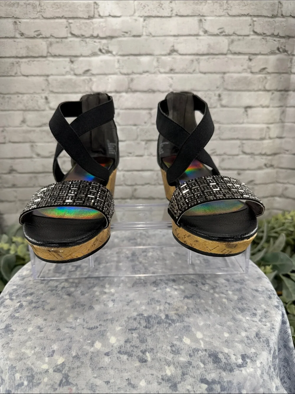 JUSTICE - Black Embellished Cross-Band Cork Wedge Fashion Sandals 🖤 Girls 3M